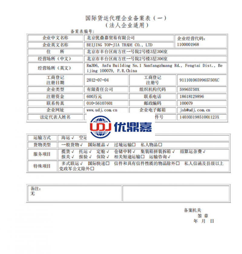 国际货物运输代理企业备案表